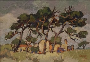 Gregoire Boonzaier; Windewaaide Bome en Huisie (Windswept Trees and House)