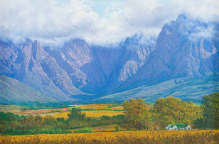 Casey van der Leek; Farm Landscape with Mountains in the Distance
