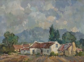 Willem Hermanus Coetzer; Landscape with Farmhouse with Distant Mountain