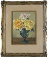 Willem Hermanus Coetzer; Roses in a Green Glass Vase