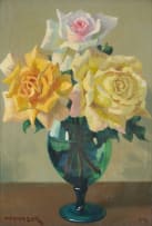 Willem Hermanus Coetzer; Roses in a Green Glass Vase