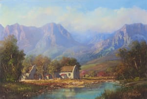 Gabriel de Jongh; Landscape with River and Cape Dutch House