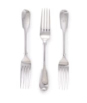 Three Victorian silver 'Fiddle' pattern dinner forks, John James Whiting, London, 1851