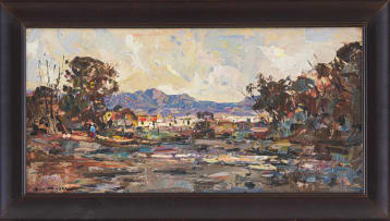 Don Madge; Landscape with Cottages and Distant Mountains
