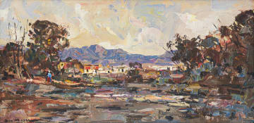 Don Madge; Landscape with Cottages and Distant Mountains