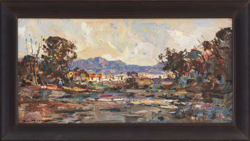 Don Madge; Landscape with Cottages and Distant Mountains