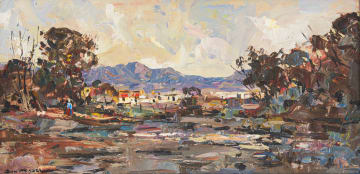 Don Madge; Landscape with Cottages and Distant Mountains