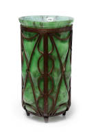 Louis Majorelle; Green glass vase moulded into wrought iron frame
