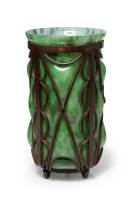 Louis Majorelle; Green glass vase moulded into wrought iron frame