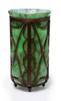 Louis Majorelle; Grey spotted green glass vase moulded into wrought iron frame