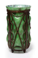 Louis Majorelle; Grey spotted green glass vase moulded into wrought iron frame