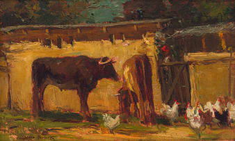 Adriaan Boshoff; Farm Scene with Cattle and Chickens