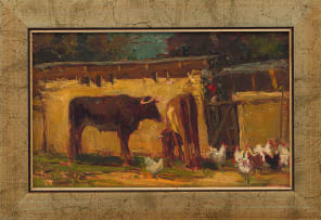 Adriaan Boshoff; Farm Scene with Cattle and Chickens