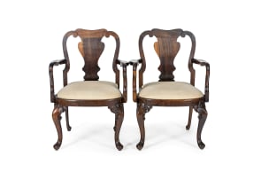Geo. Parkes & Sons; Pair of Queen Anne style stinkwood armchairs, South Africa, 20th century