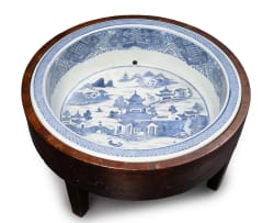 Chinese ceramic footbath in wooden base