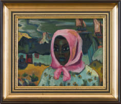 Maggie Laubser; Portrait of a Woman with Head Scarf; Landscape with House and Boats in Background