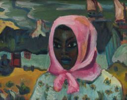Maggie Laubser; Portrait of a Woman with Head Scarf; Landscape with House and Boats in Background