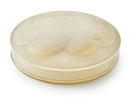René Lalique; René Lalique 'Saint-Marc' opalescent and frosted clear glass round box, No. 81, designed 1928