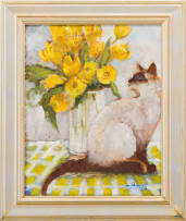 Ann Nosworthy; Siamese Cat beside a Vase of Yellow Flowers