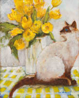 Ann Nosworthy; Siamese Cat beside a Vase of Yellow Flowers