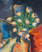 Christiaan Diedericks; A Vase of Flowers and a Dog