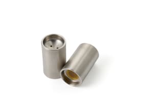 Pair of 18/8 'Cylinda-Line' stainless steel mini salt and pepper shakers, Denmark