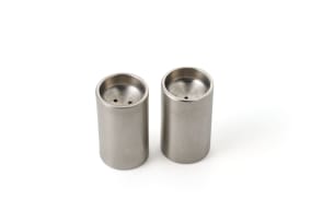 Pair of 18/8 'Cylinda-Line' stainless steel mini salt and pepper shakers, Denmark