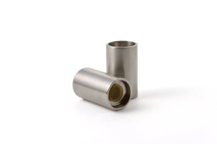 Pair of 18/8 'Cylinda-Line' stainless steel mini salt and pepper shakers, Denmark
