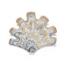 Lucie de Moyencourt; Three glazed ceramic shells with navy and beige motifs