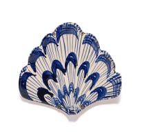 Lucie de Moyencourt; Three glazed ceramic shells with blue and white motifs