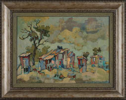 Gregoire Boonzaier; Pandokkies en Twee Toilette, Crossroads, Kaap ( Cottages and Two Toilets, Crossroads, Cape)