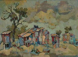 Gregoire Boonzaier; Pandokkies en Twee Toilette, Crossroads, Kaap ( Cottages and Two Toilets, Crossroads, Cape)