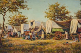 Erich Mayer; Camp Scene with Figures and Wagons