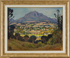 Piet van Heerden; Western Cape Landscape with Town and Distant Mountains