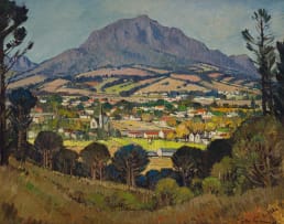 Piet van Heerden; Western Cape Landscape with Town and Distant Mountains