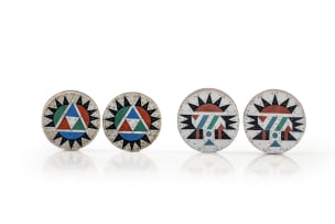 Two pairs of isiZulu 'iziqhaza' earplugs with geometric mosaic designs