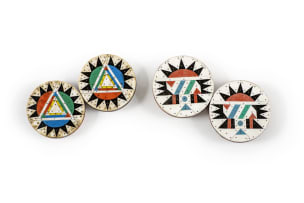 Two pairs of isiZulu 'iziqhaza' earplugs with geometric mosaic designs