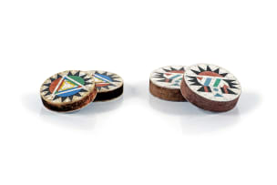 Two pairs of isiZulu 'iziqhaza' earplugs with geometric mosaic designs