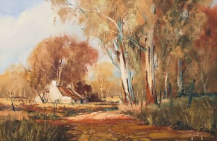 Gerrit Roon; Cottage on a Gravel Roadway Lined with Blue Gum Trees