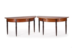 Pair of Cape Regency yellowwood and stinkwood demi-lune tables, South Africa, 19th century