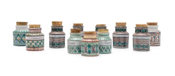 The Old Jar Pottery; Set of eleven herb and spice jars with cork lids