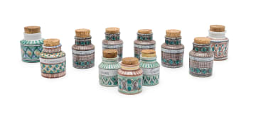 The Old Jar Pottery; Set of eleven herb and spice jars with cork lids
