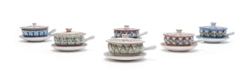 The Old Jar Pottery; Set of six lidded one-handled soup bowls and saucers