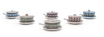 The Old Jar Pottery; Set of six lidded one-handled soup bowls and saucers