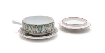 The Old Jar Pottery; Set of six lidded one-handled soup bowls and saucers