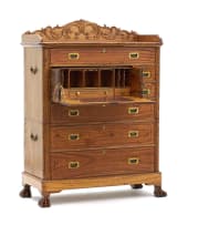 Chinese inlaid camphorwood and brass-mounted secretaire military chest, late 19th century