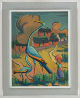Maggie Laubser; Blou Voëls/Birds in a Landscape with Figure and Huts