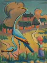 Maggie Laubser; Blou Voëls/Birds in a Landscape with Figure and Huts