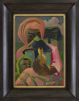 Maggie Laubser; Mother and Child with Huts and a Cat