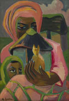 Maggie Laubser; Mother and Child with Huts and a Cat